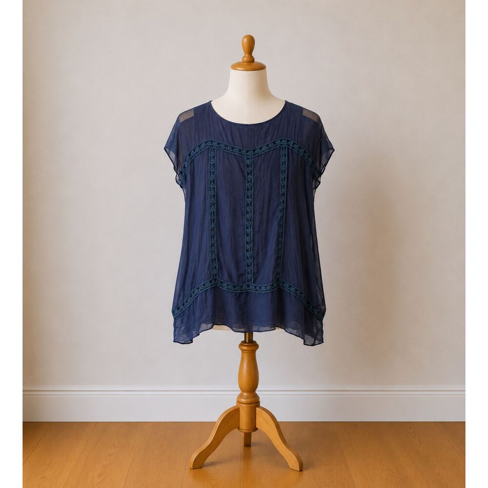 GIULIA 100% Silk Sheer Blue Blouse Medium Boho Luxe Top